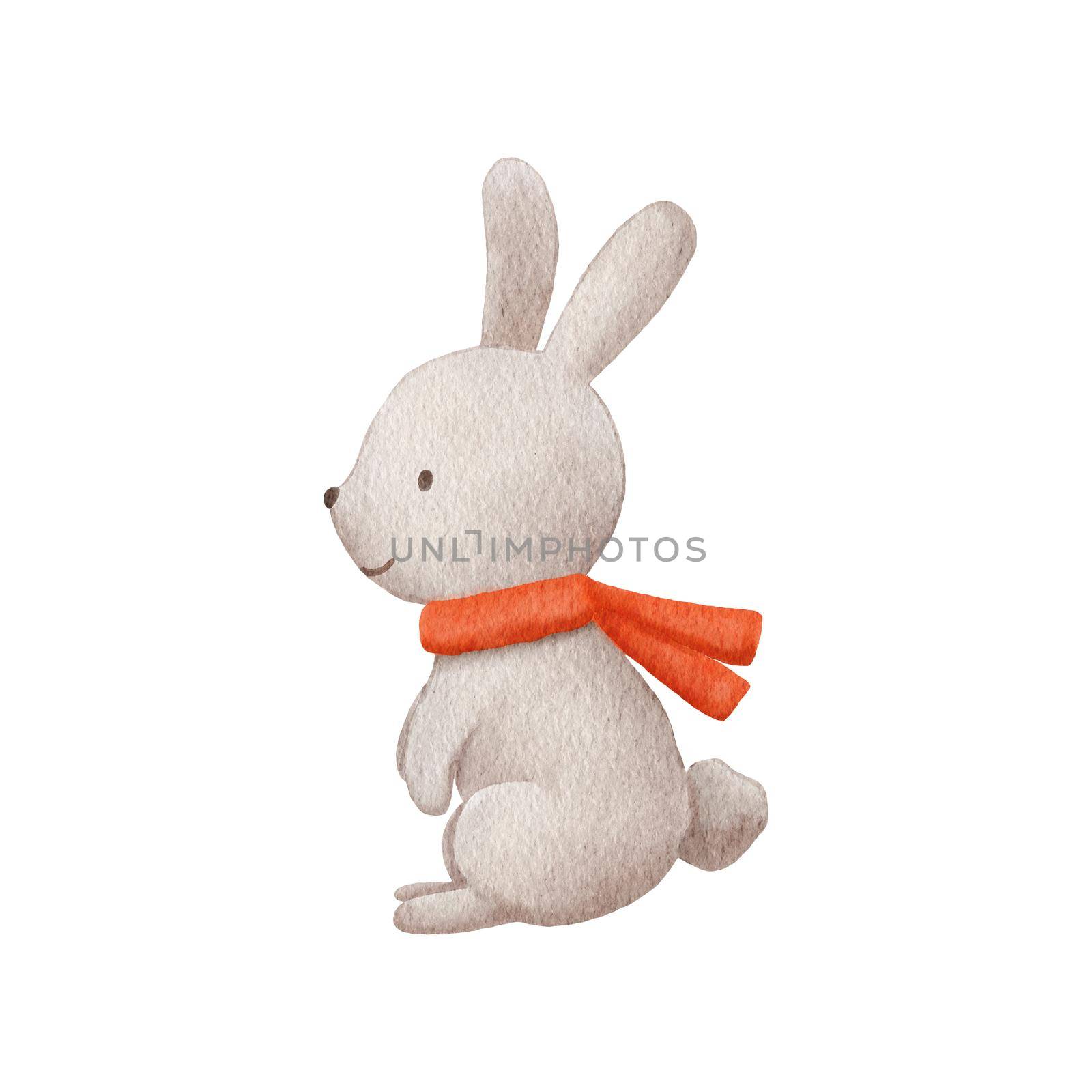 Watercolor Baby rabbit character with winter scarf. Hand drawn cute woodland animal hare. Cartoon illustration isolated on white.
