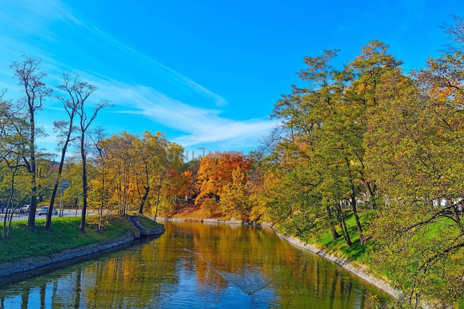 A small river flows in the city against the backdrop of yellow-red-green trees in autumn
