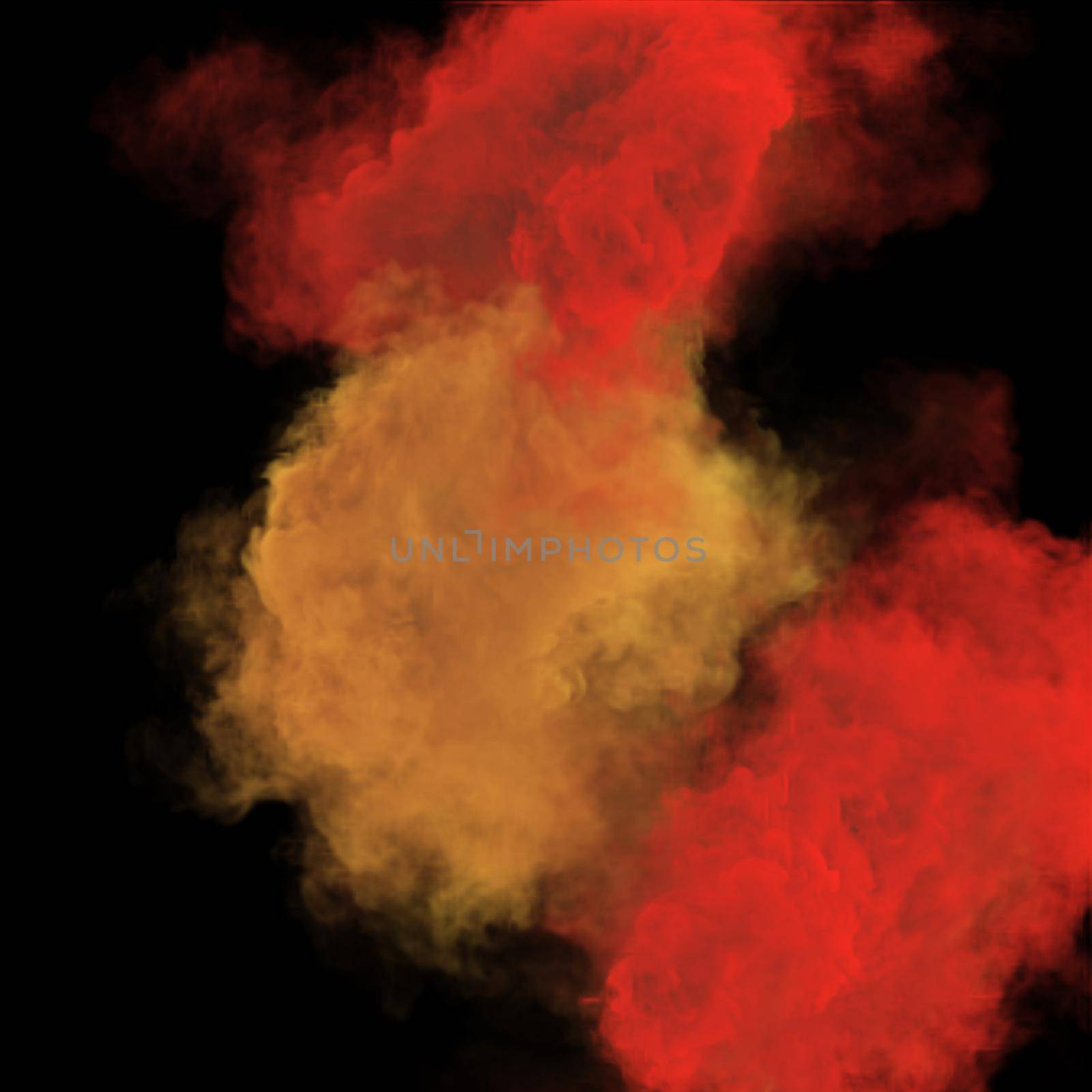 Red and yellow puffs of magic fog and fantasy smoke texture. Duo colors 3D render abstract background for fest and fan party decoration