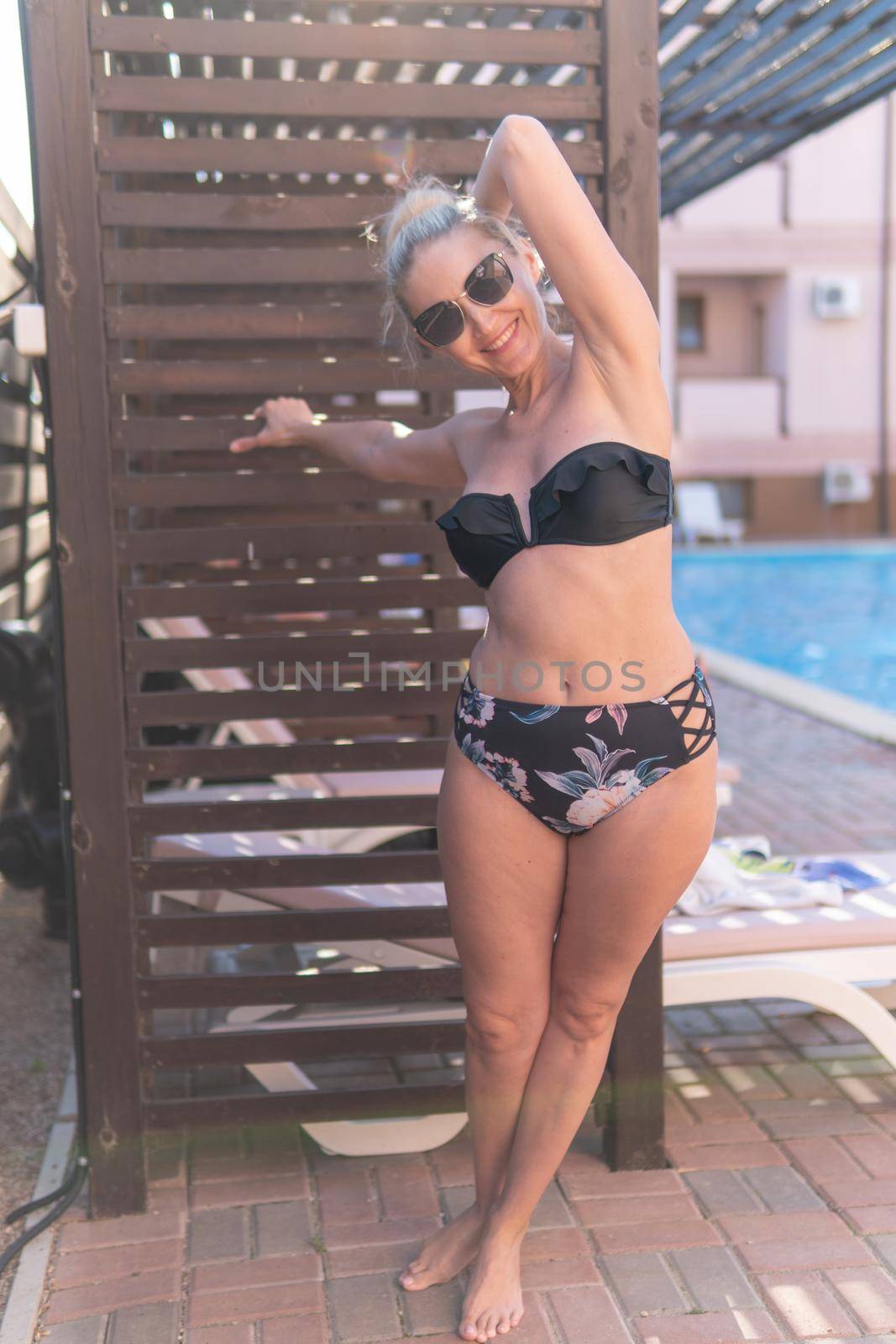 Smiling summer girl swimsuit fence glasses young street female people, concept cute nature for fashion for stylish tourist, relaxed colorful. Cheerful ,