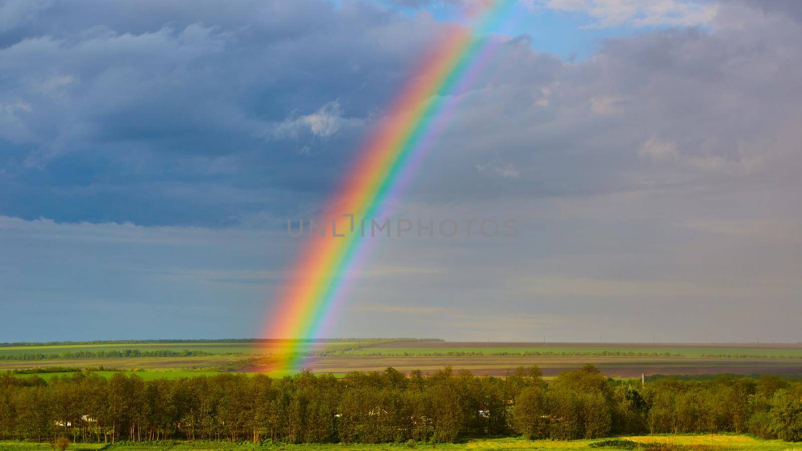 Rainbow over a field after thunderstorm.