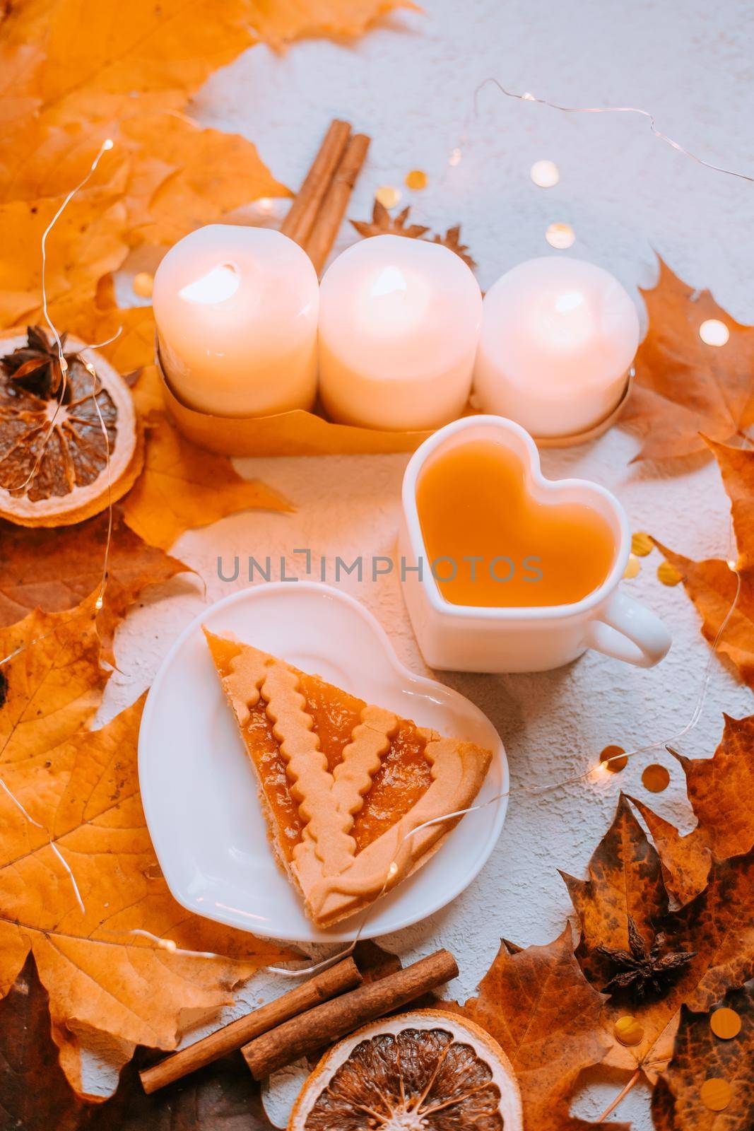 Autumn tea party with cake . Cosiness. Autumn article. Photos for printed products. Autumn. Autumn leaves