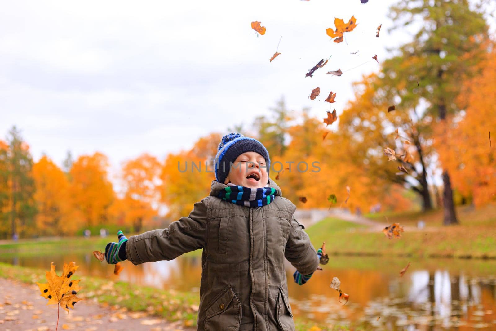 The boy throws autumn leaves . Autumn article. A happy child. Autumn. Fallen leaves