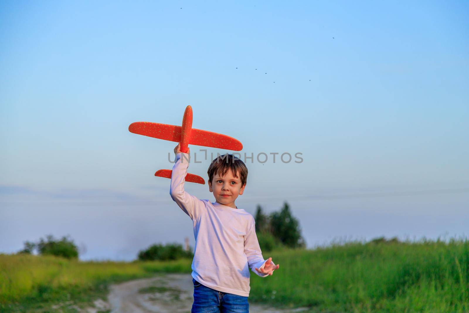 A boy plays in an airplane in nature in the summer . The boy dreams of the future. Buying real estate advertising. An article about choosing a profession. A happy child. Children's toys .