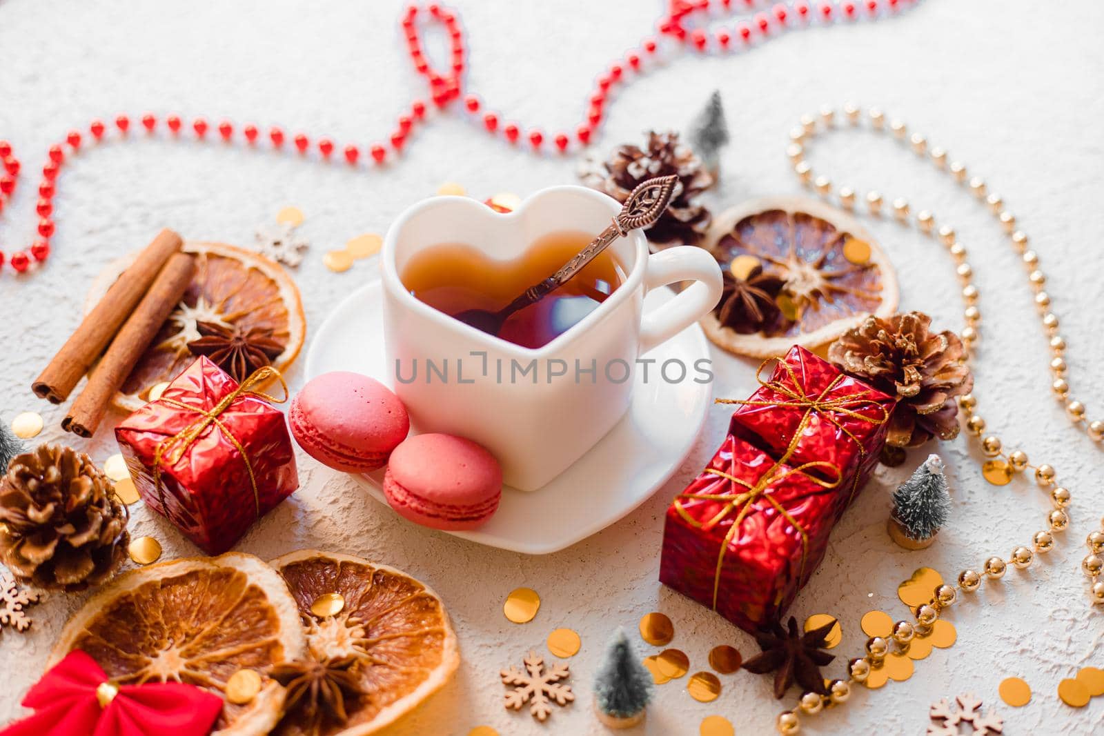 New Year 's tea on a white background . Glitter and white background. Holiday. Holiday decorations. The layout is a festive tea party. Christmas by alenka2194