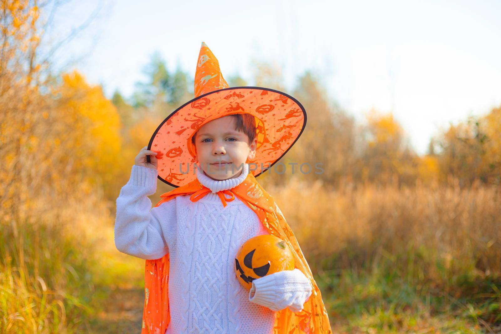 Portrait of a boy in Halloween clothes with a pumpkin on the street . A traditional holiday. October 31. by alenka2194