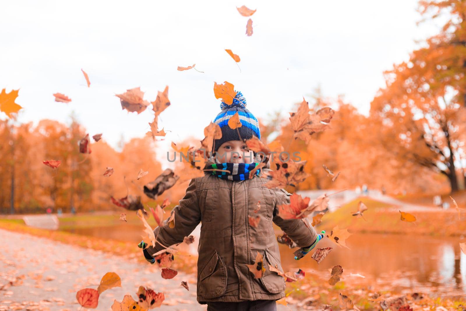 The boy throws autumn leaves . Autumn article. A happy child. Autumn. by alenka2194