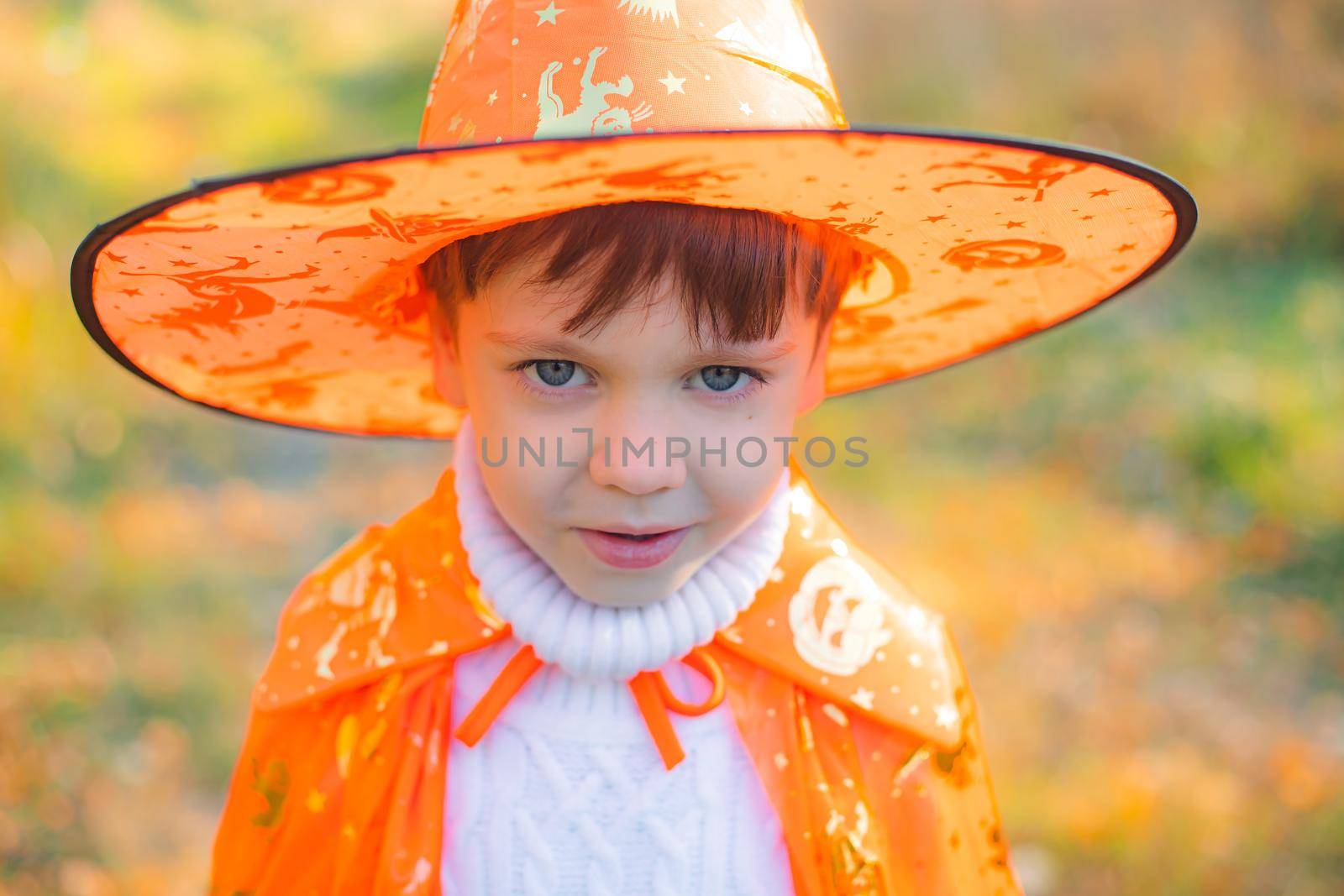 Portrait of a boy in Halloween clothes on the street . A traditional holiday. October 31. Autumn Holiday