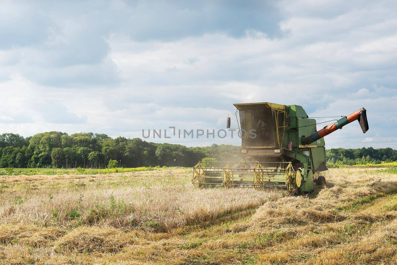 Harvest. Combine harvester harvesting ripe wheat. Agriculture. Grain shortage problems, famine, war in 2022. by sfinks