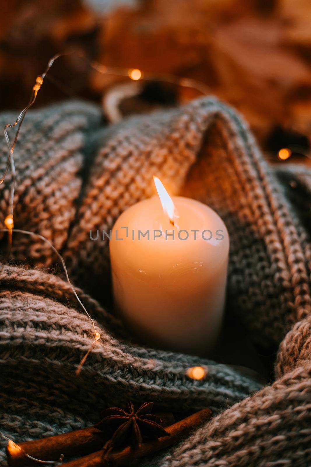Autumn leaves and candles . cozy vibes. Autumn article. Printed products autumn.