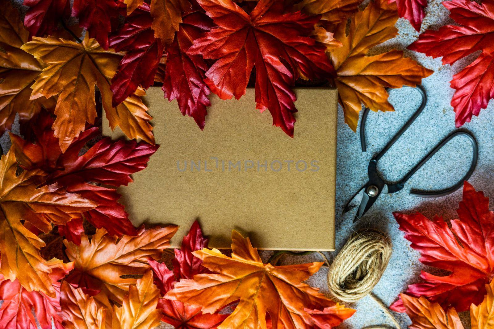 Autumnal gift box wrapping concept for Thanksgiving holiday on the concrete background