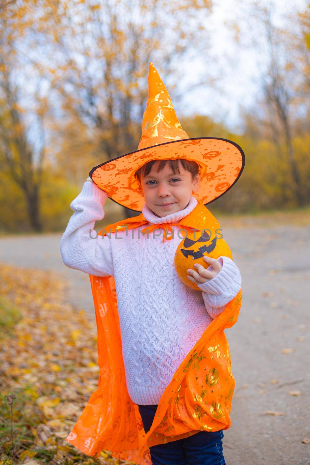 Portrait of a boy in Halloween clothes with a pumpkin on the street . A traditional holiday. October 31. by alenka2194