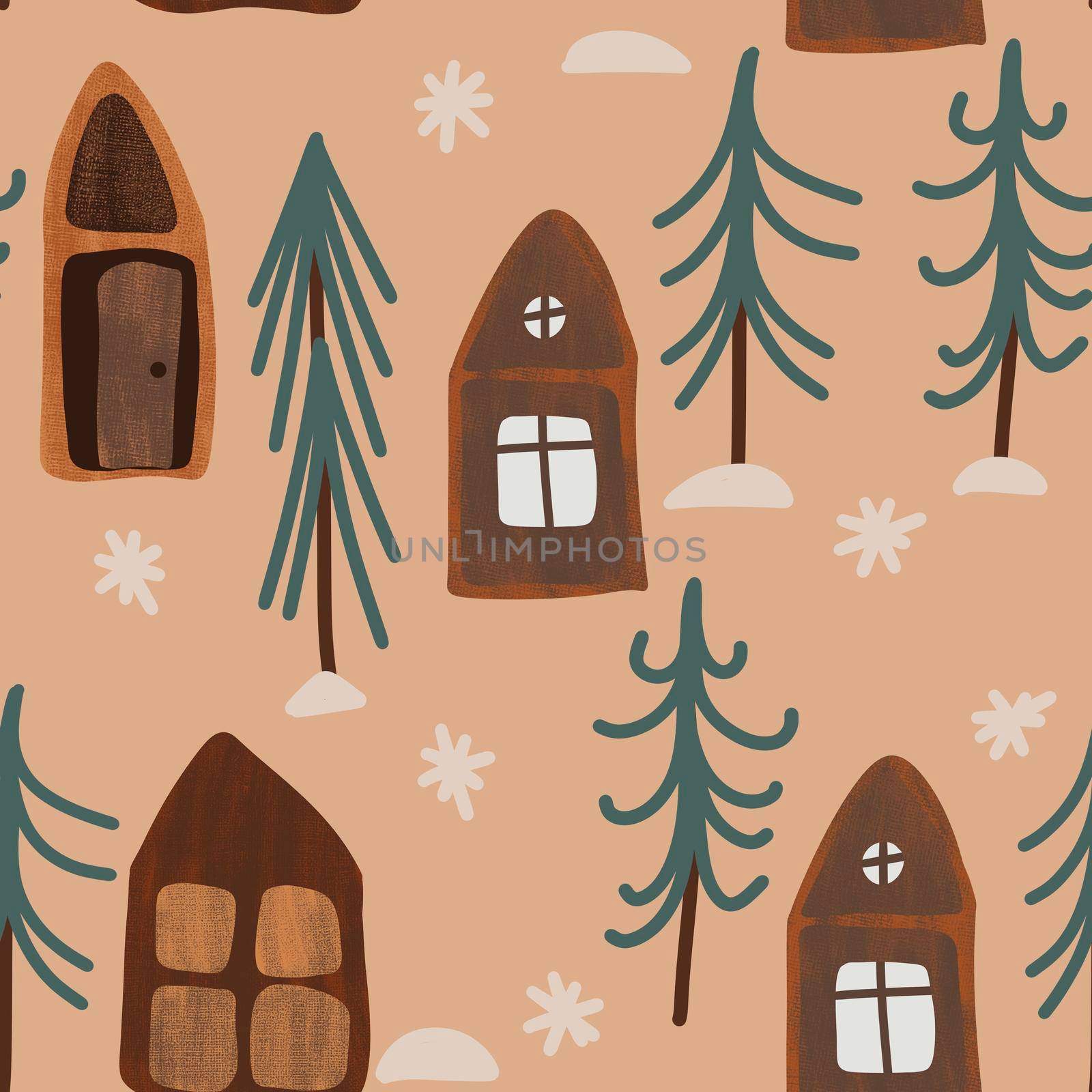 Seamless hand drawn christmas boho pattern with cartoon houses in fir spruce tree forest. Scandinavian winter background print for wrapping paper new year decor party celebration. by Lagmar