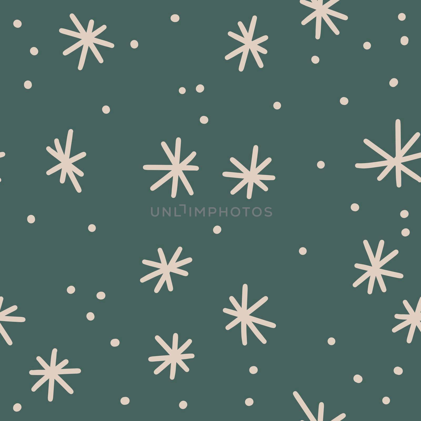 Seamless hand drawn pattern with white christmas snowflake on neutral dark green background. Elegant bohemian minimalist simple winter design in cartoon style, december party decor wrapping new year paper. by Lagmar