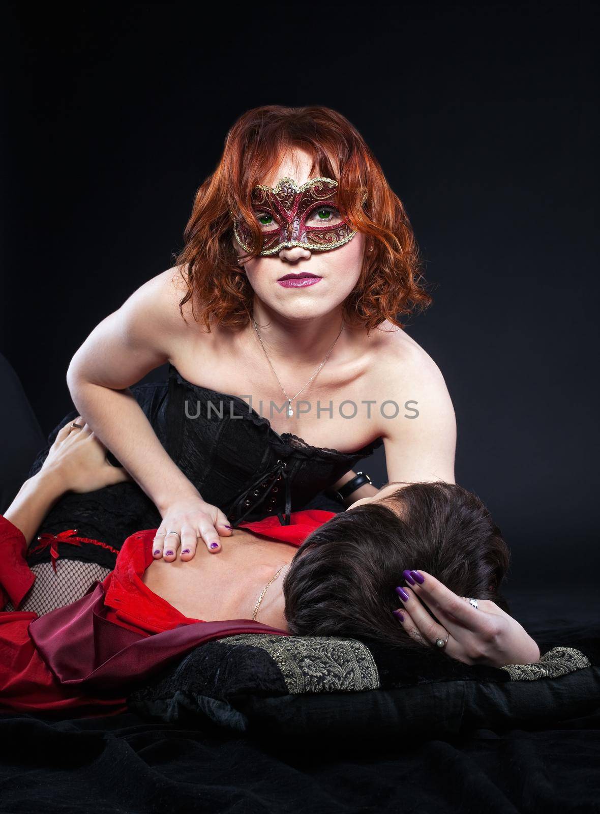 red woman on man - love scene by rivertime