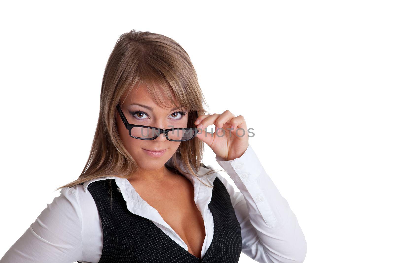 Sexy girl in business suit look over glasses isolated