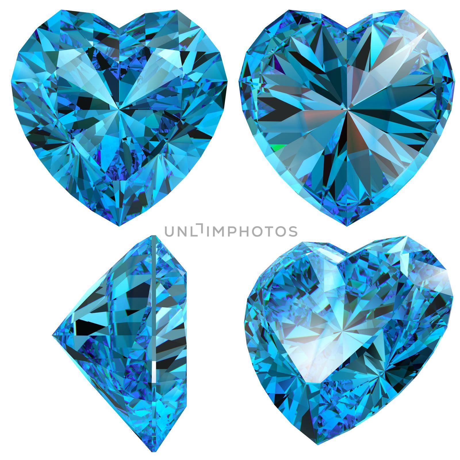 Blue heart diamond cut gem isolated different views with refraction