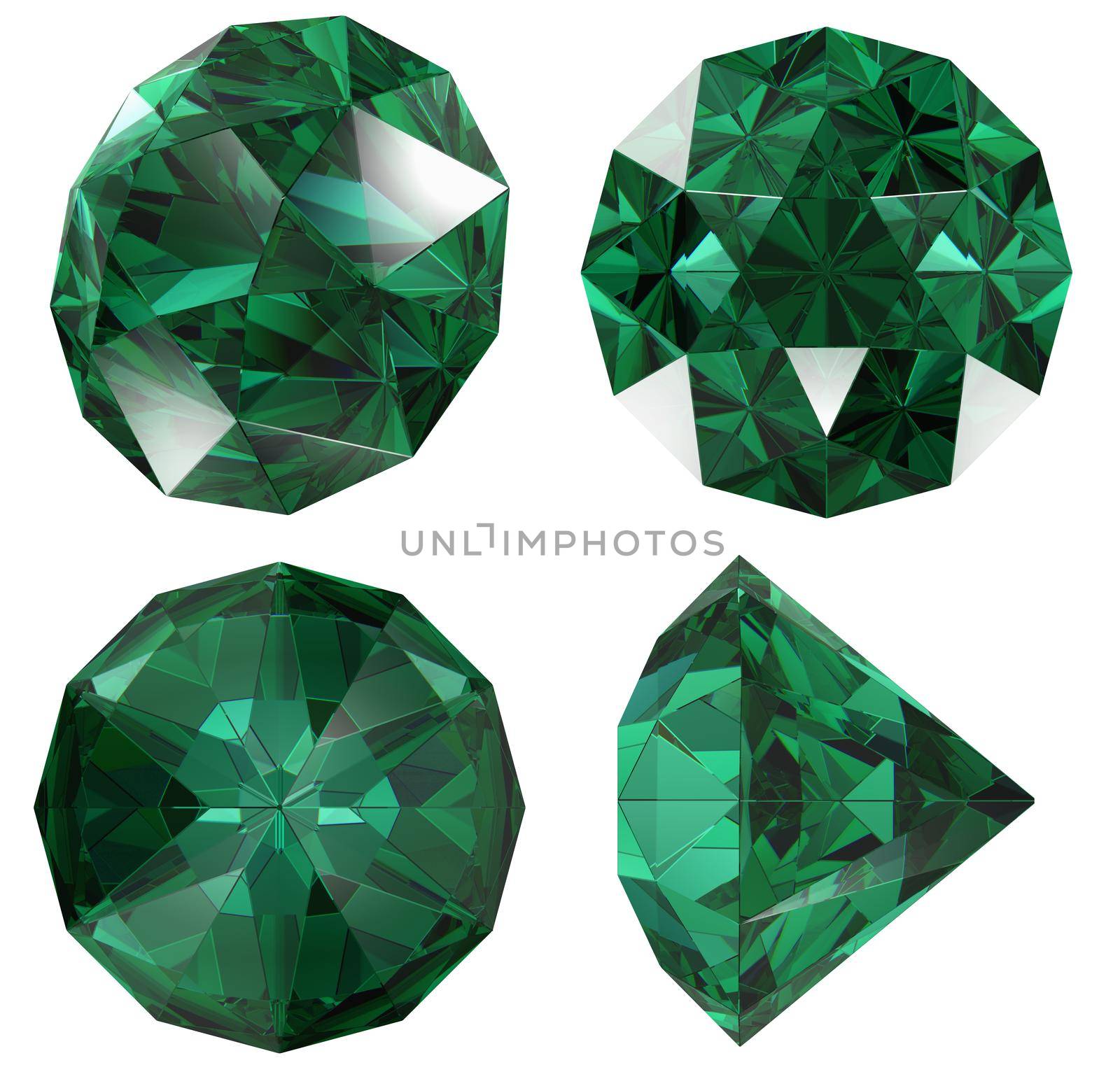 Emerald gem isolated different views with refraction