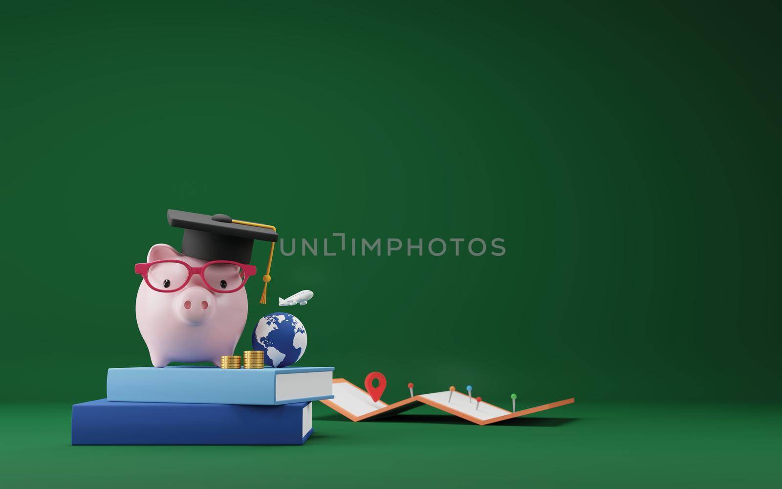 Investment education and scholarships concept design of piggy bank with graduation hat on book 3D render