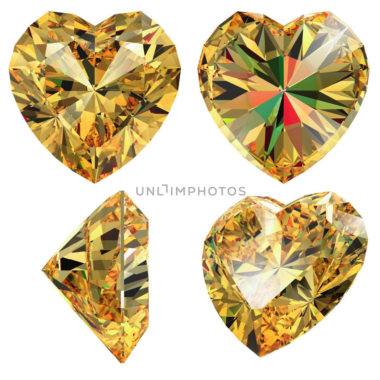 Yellow jewellery heart shape isolated different views with refraction