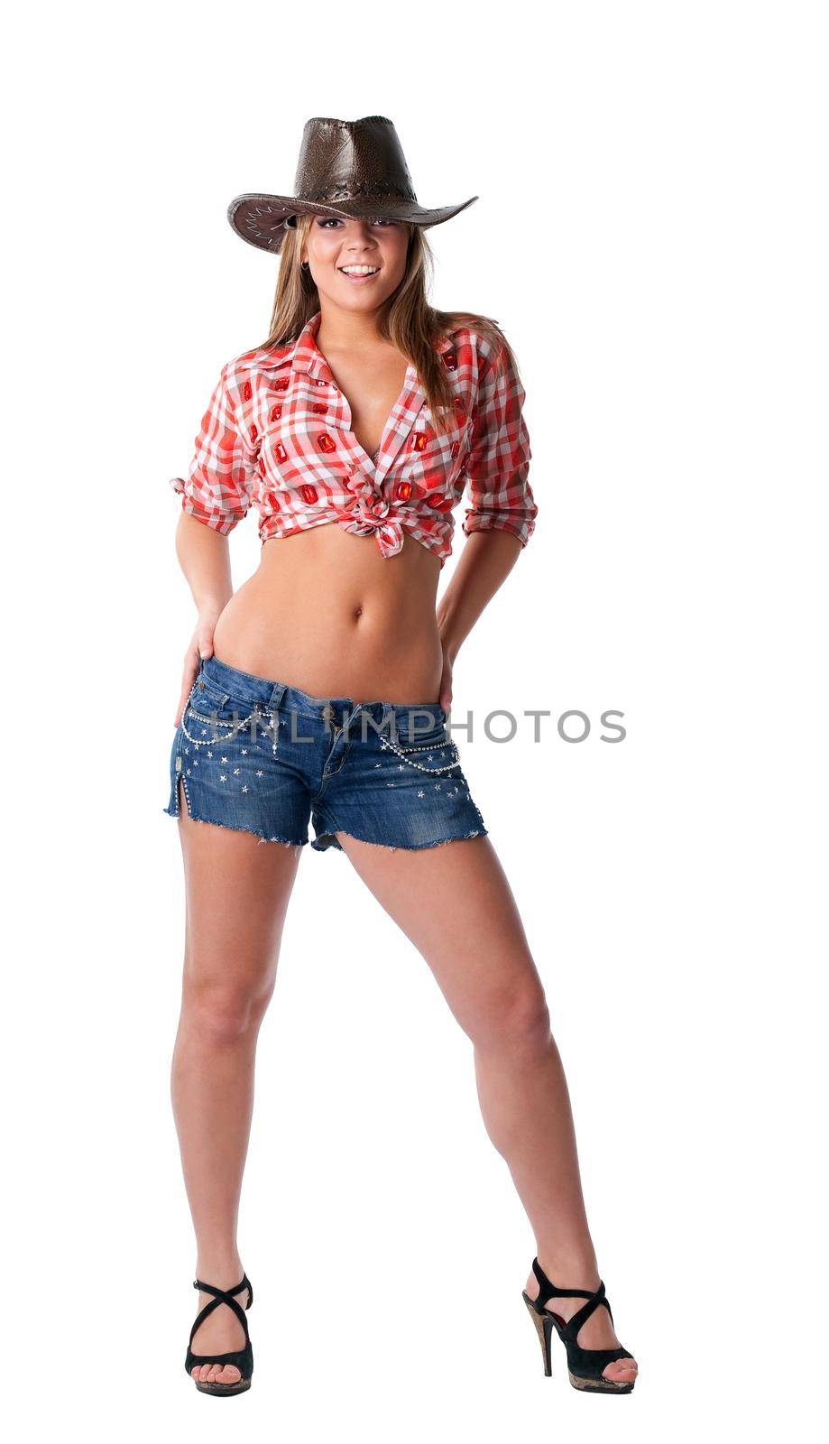 Beautiful Cowgirl stand in shorts and smile by rivertime