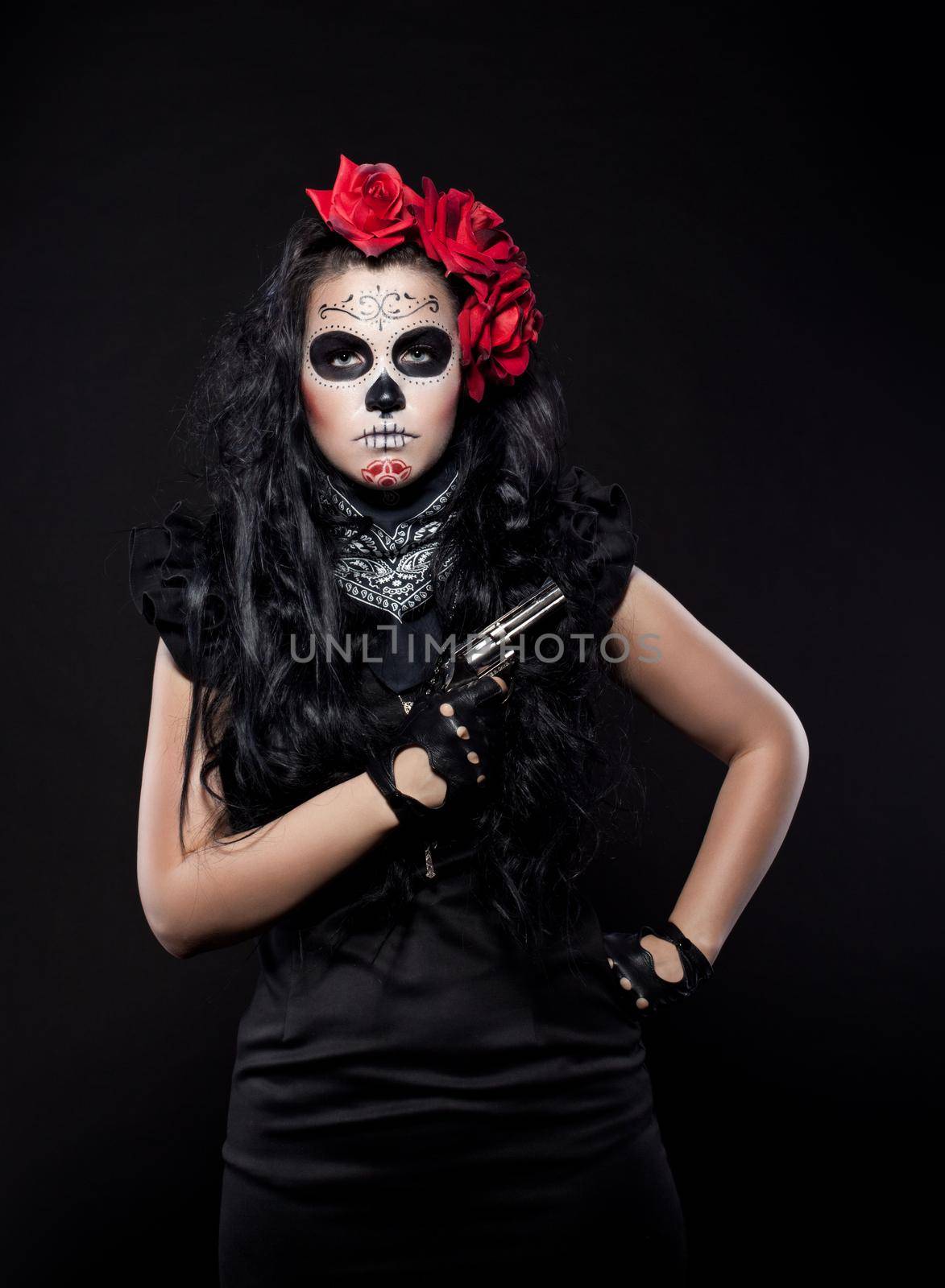 neagtive woman portrait wearing with roses dressed up for All Souls Day