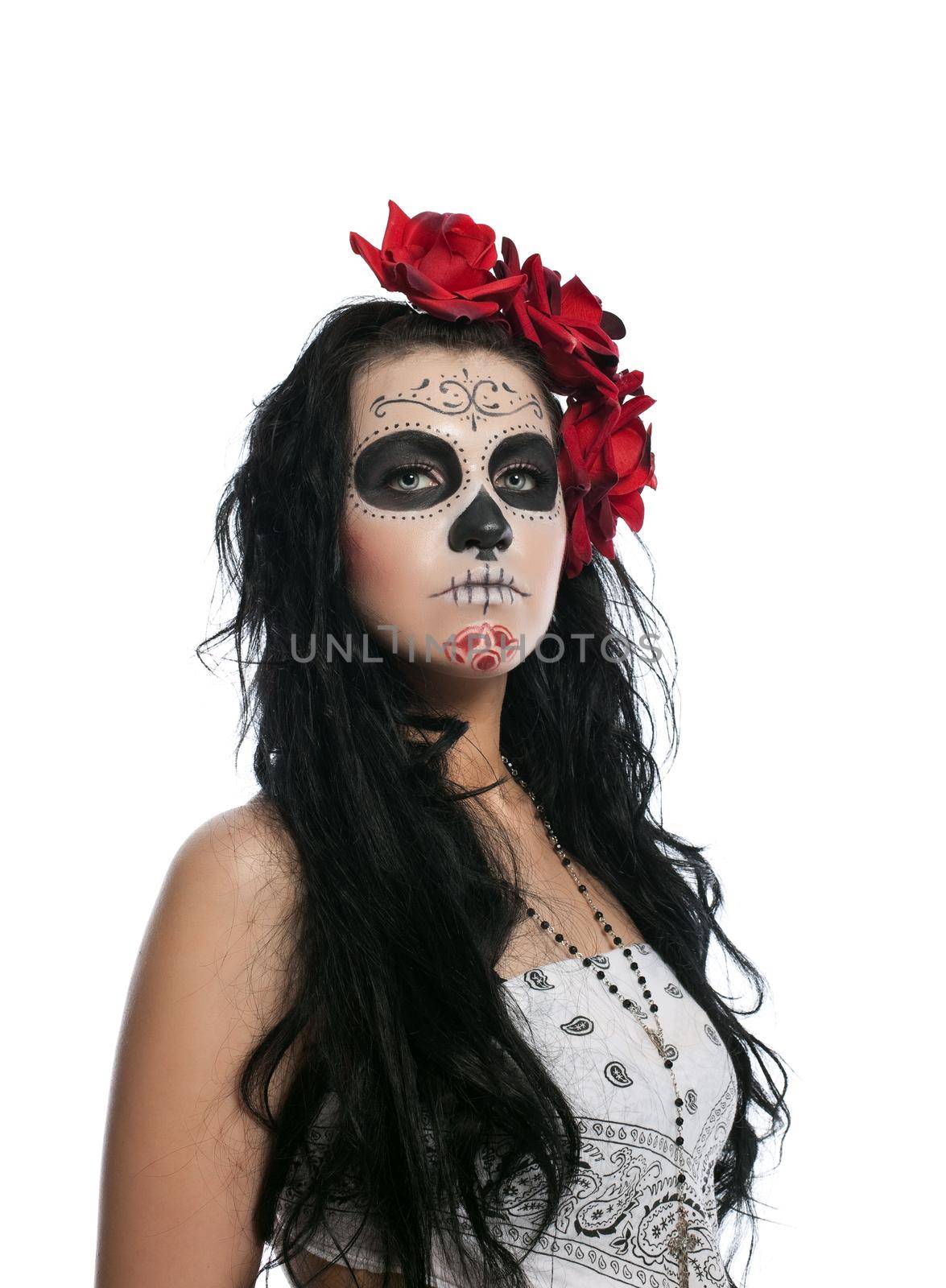 Serious woman in day of the dead mask isolated by rivertime