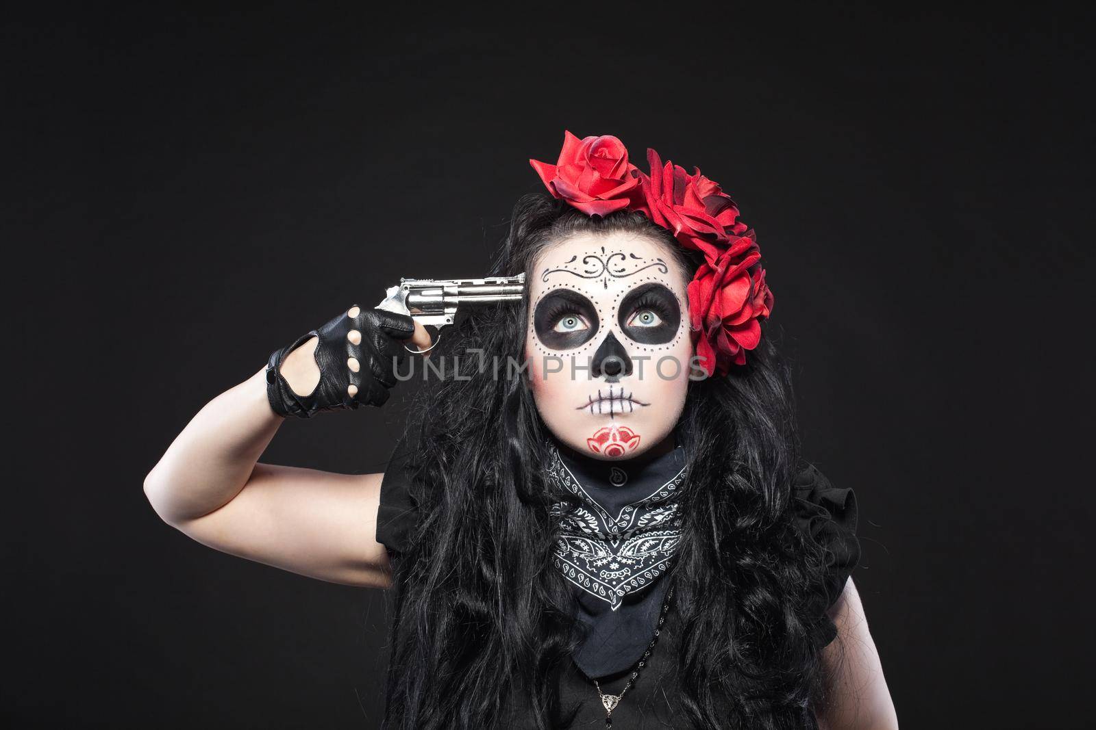 Serious woman in skull mask shot in head by rivertime