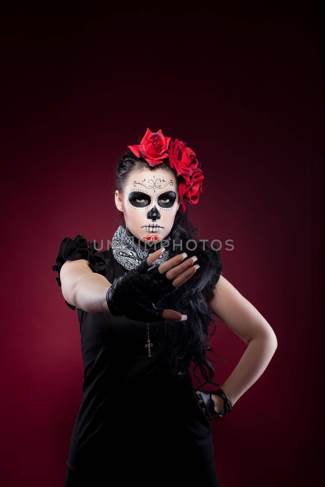 funny woman in day of the dead mask stop sign by rivertime