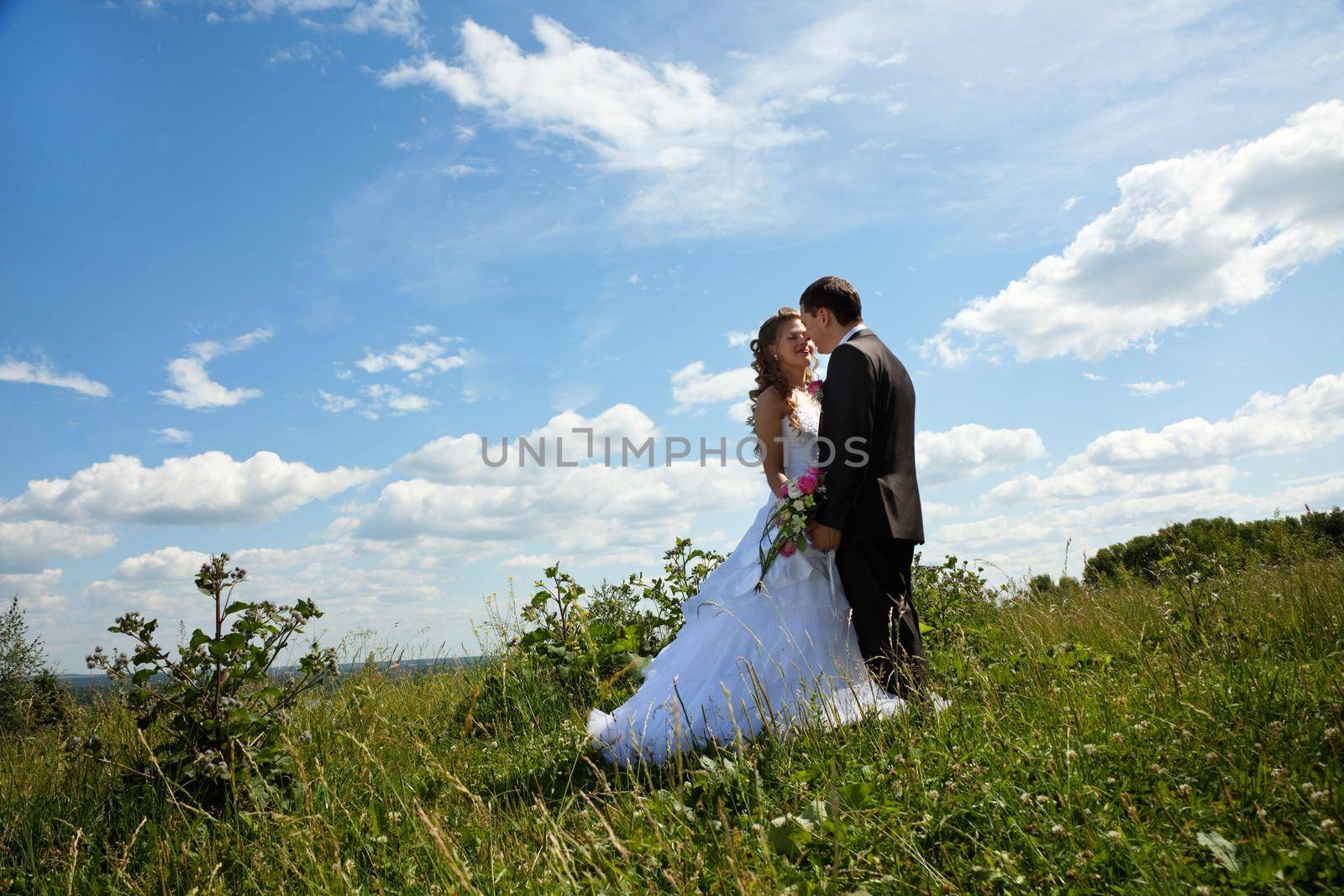 Wedding couple stand in grass in sunny summer day