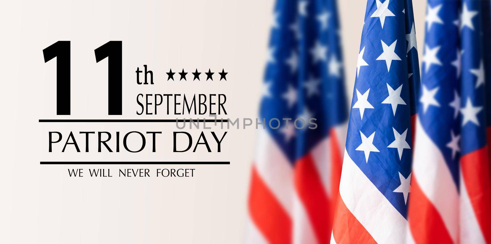 USA Patriot Day illustration. patriotic template for greeting card, flyer, poster, banner. American flag, candle, holiday message, lights. We will never forget the Victims of 9.11 Terrorist Attacks. High quality photo