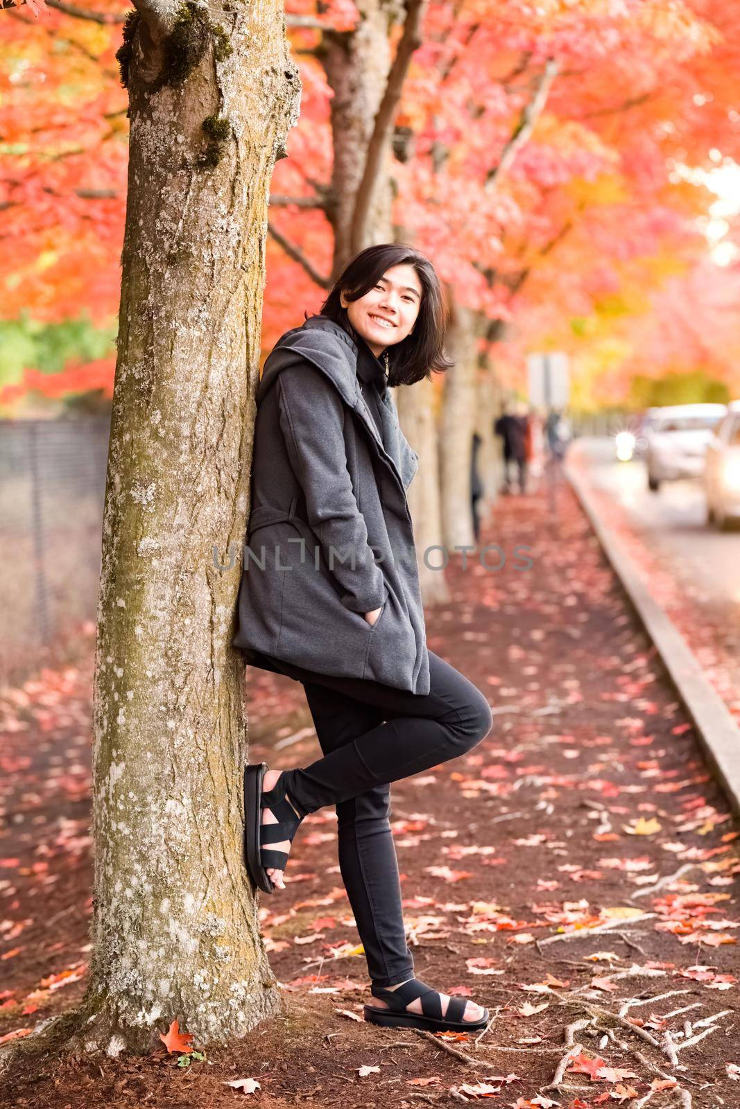 Smiling biracial teen girl or young adult female in gray jacket standing next to maple trees along road enjoying colorful autumn leaves