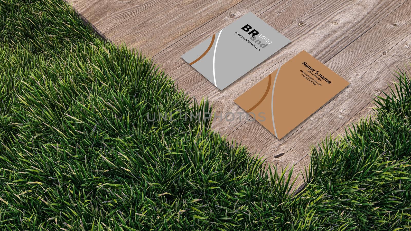 A 3d rendering image of name card on wooden plate place on grass field 