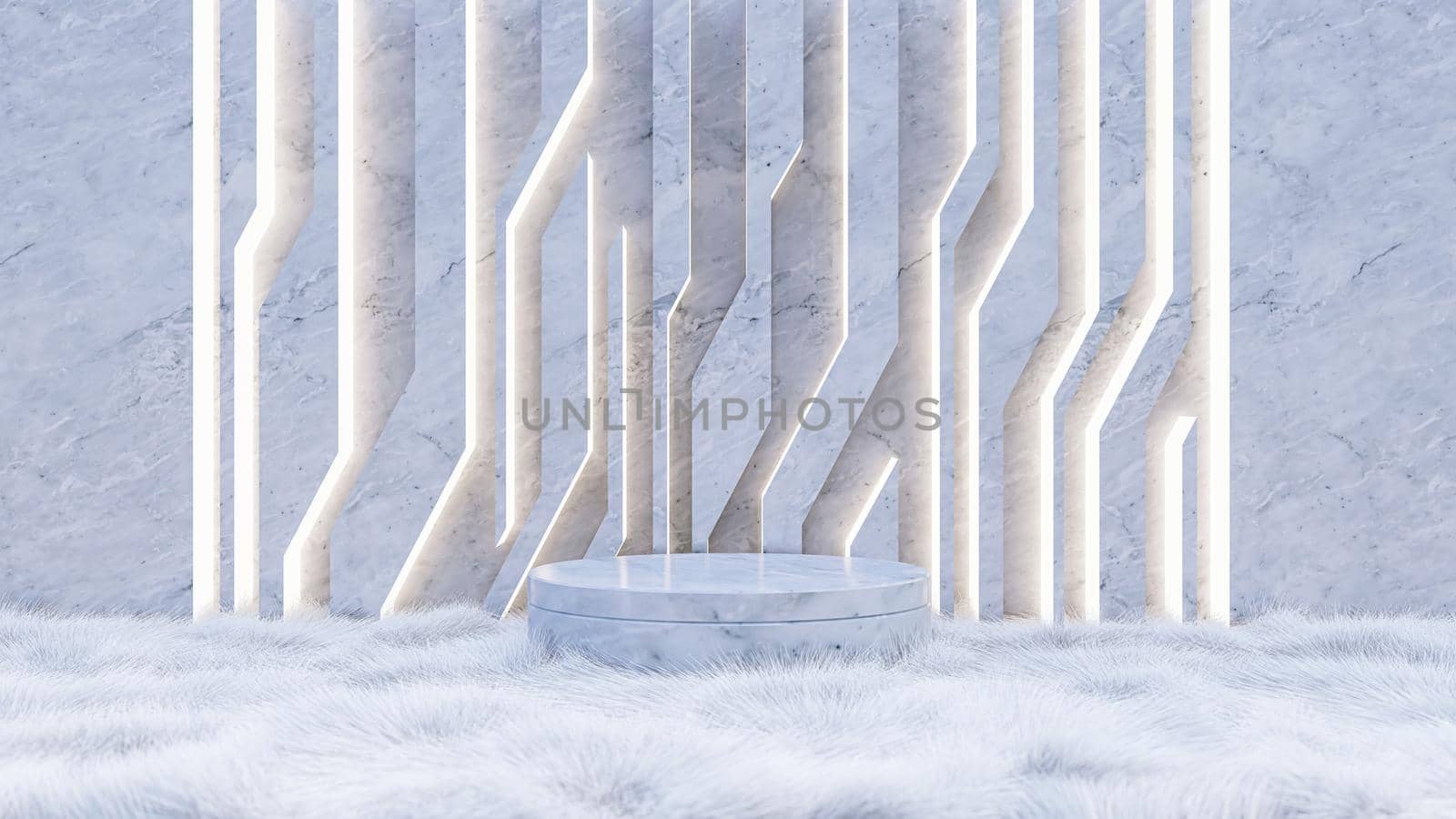 A 3d rendering image of product display on white fur floor and white marble wall