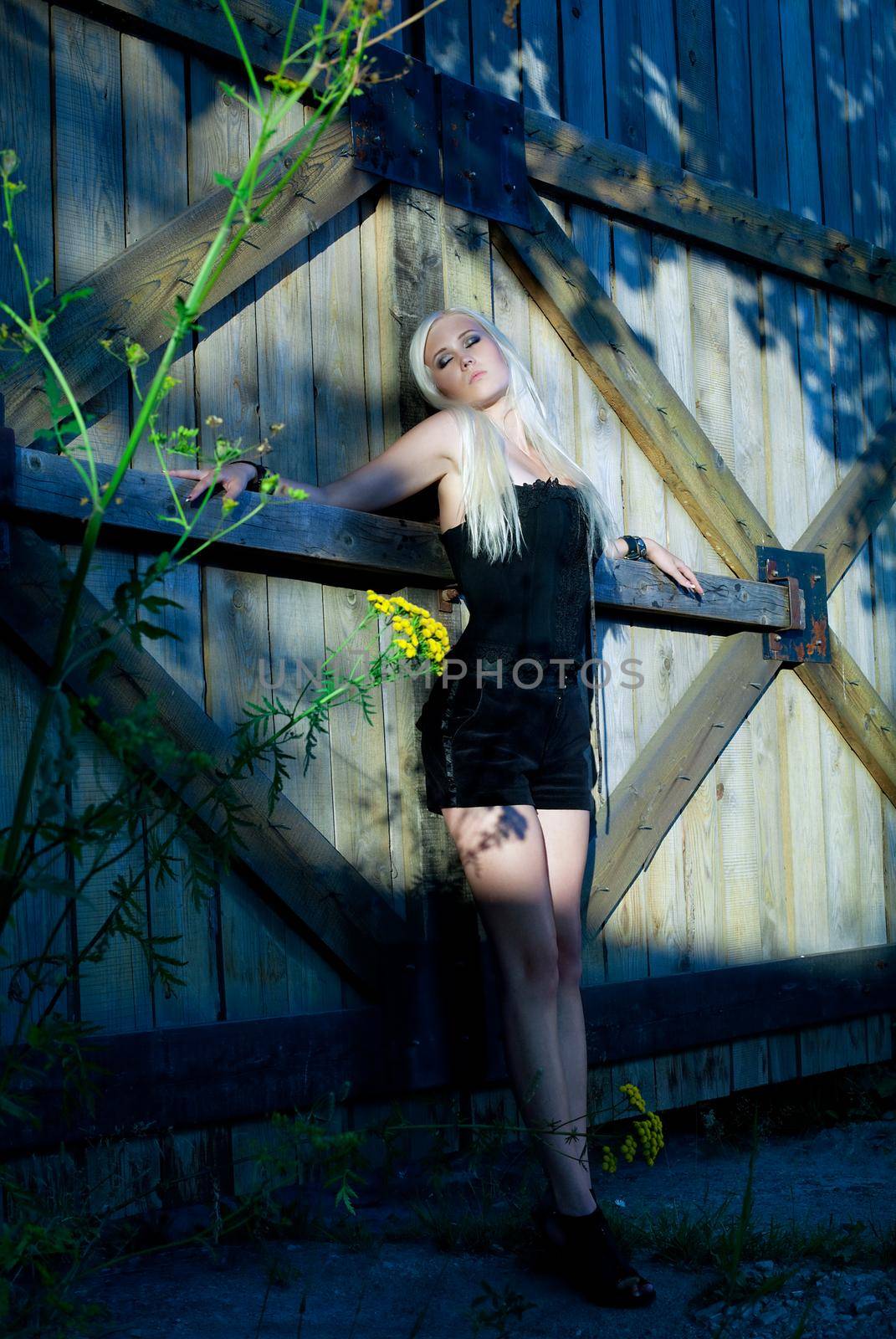 Pretty young girl stand near fence in moonlight