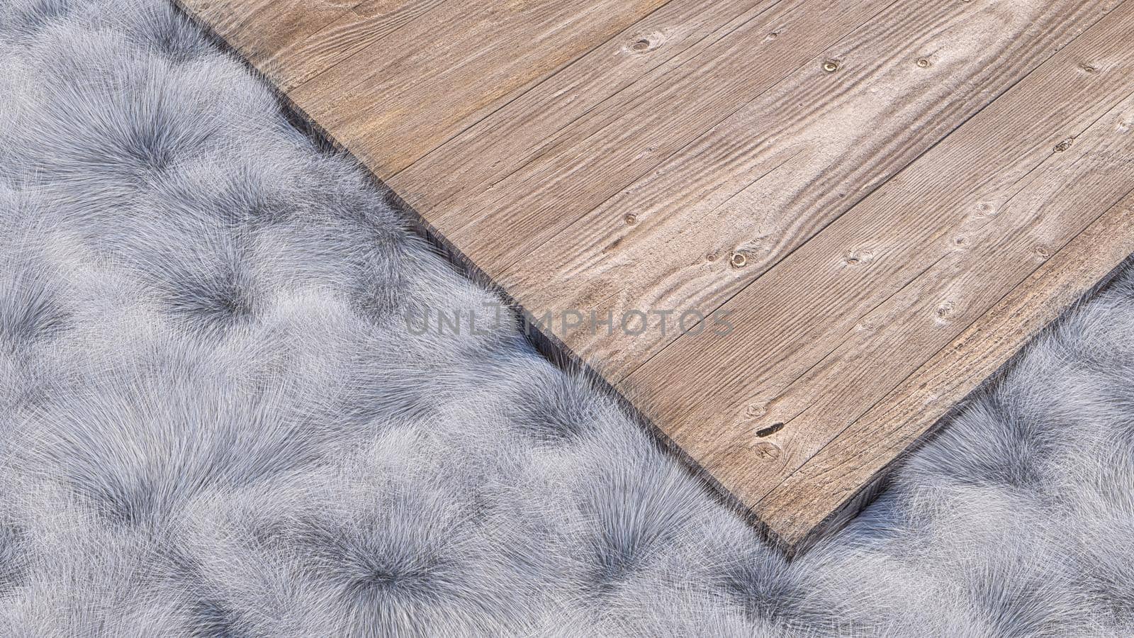 A 3d rendering image of wooden plate place on white fur.