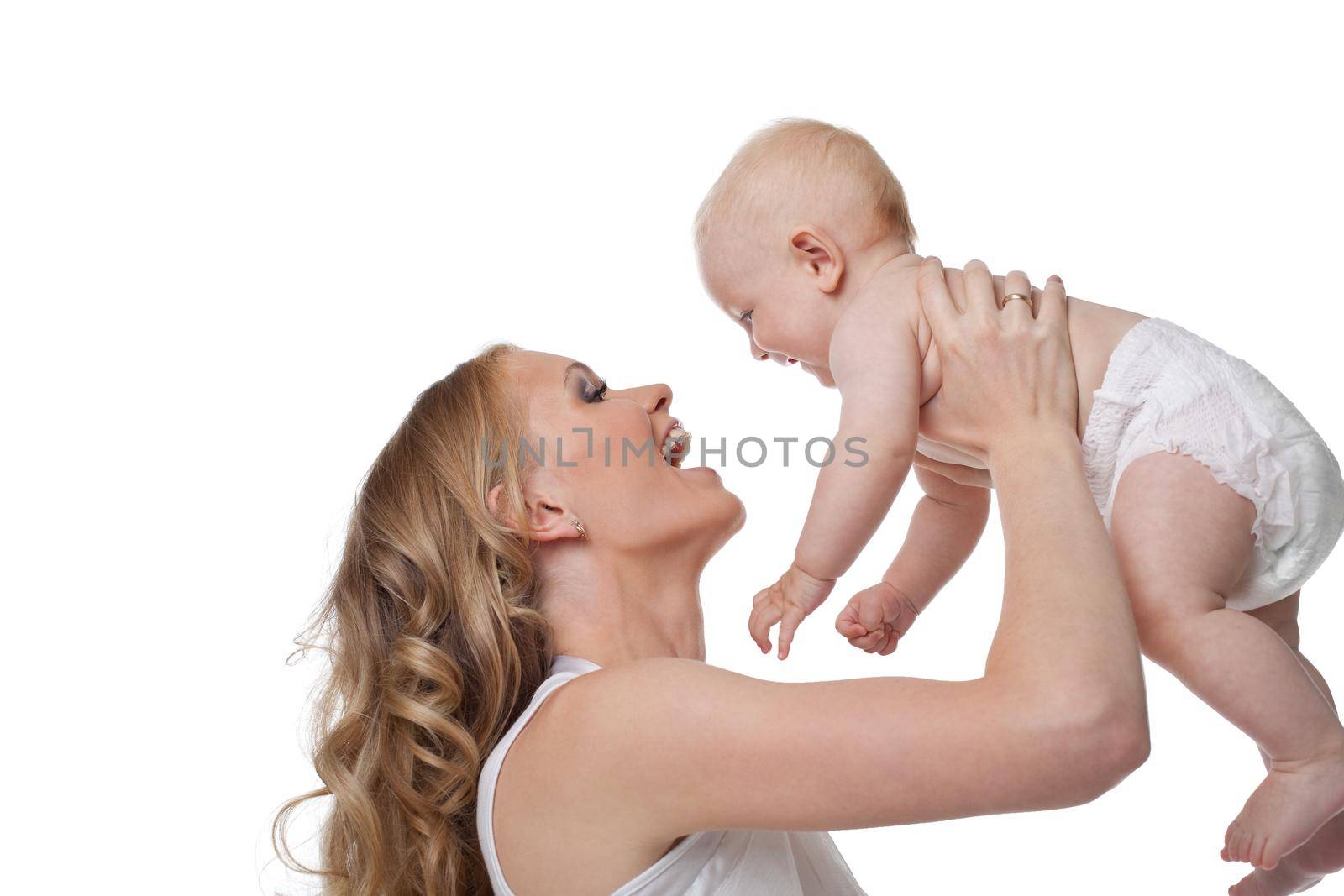 Beauty blond mother smile and take baby by rivertime