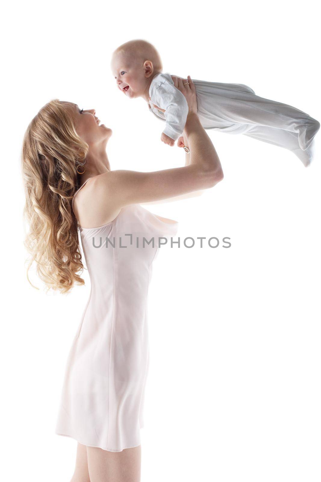 Beauty young mother take little boy at top isolated