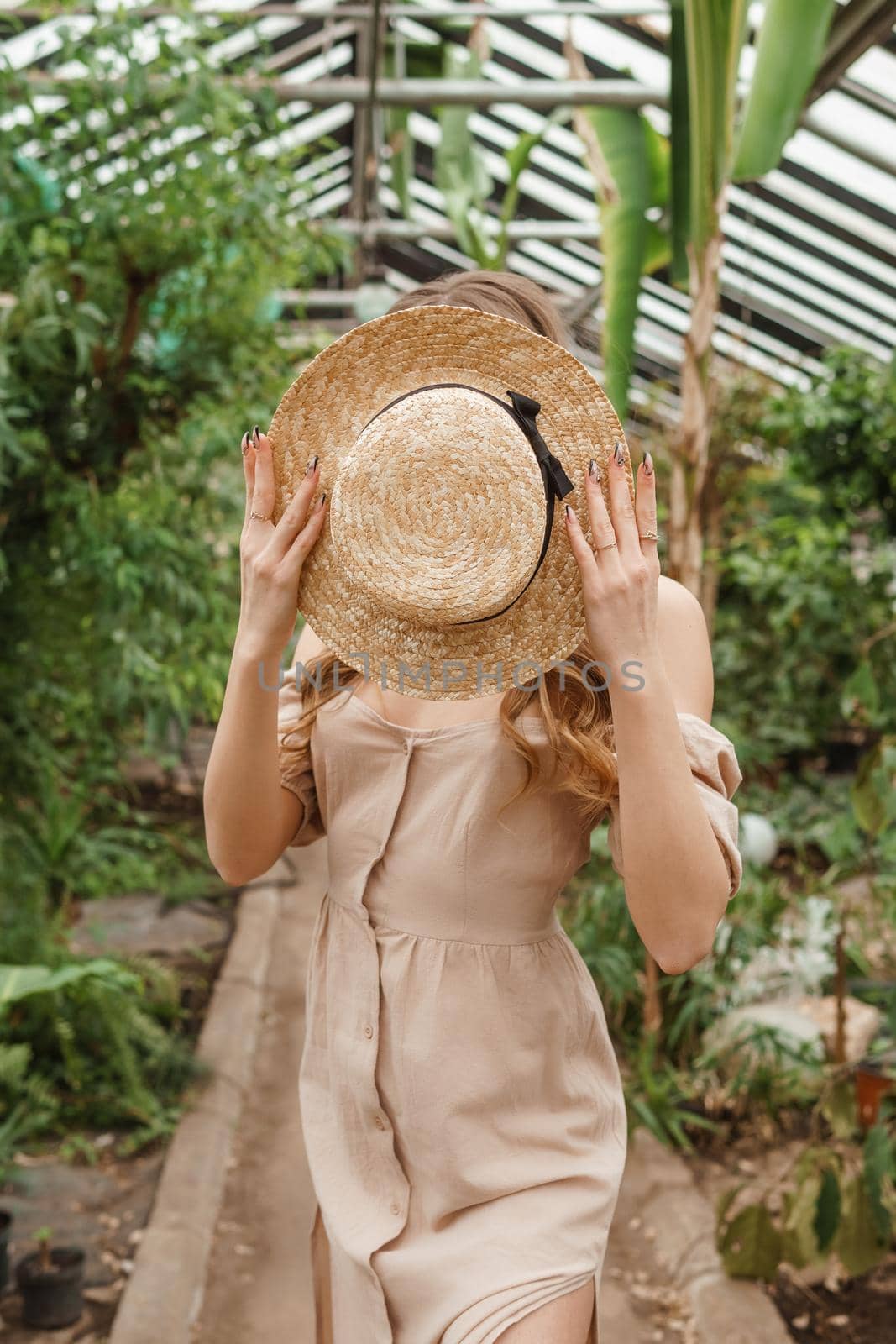 A beautiful young woman takes care of plants in a greenhouse. The concept of gardening and an eco-friendly lifestyle.