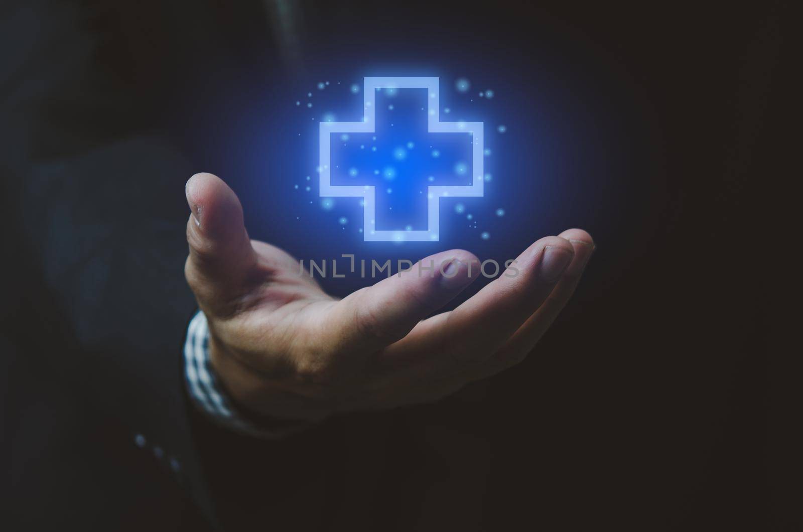 Man hand icon insurance cross. Health care medical symbols virtual screen. Business concept. by aoo3771