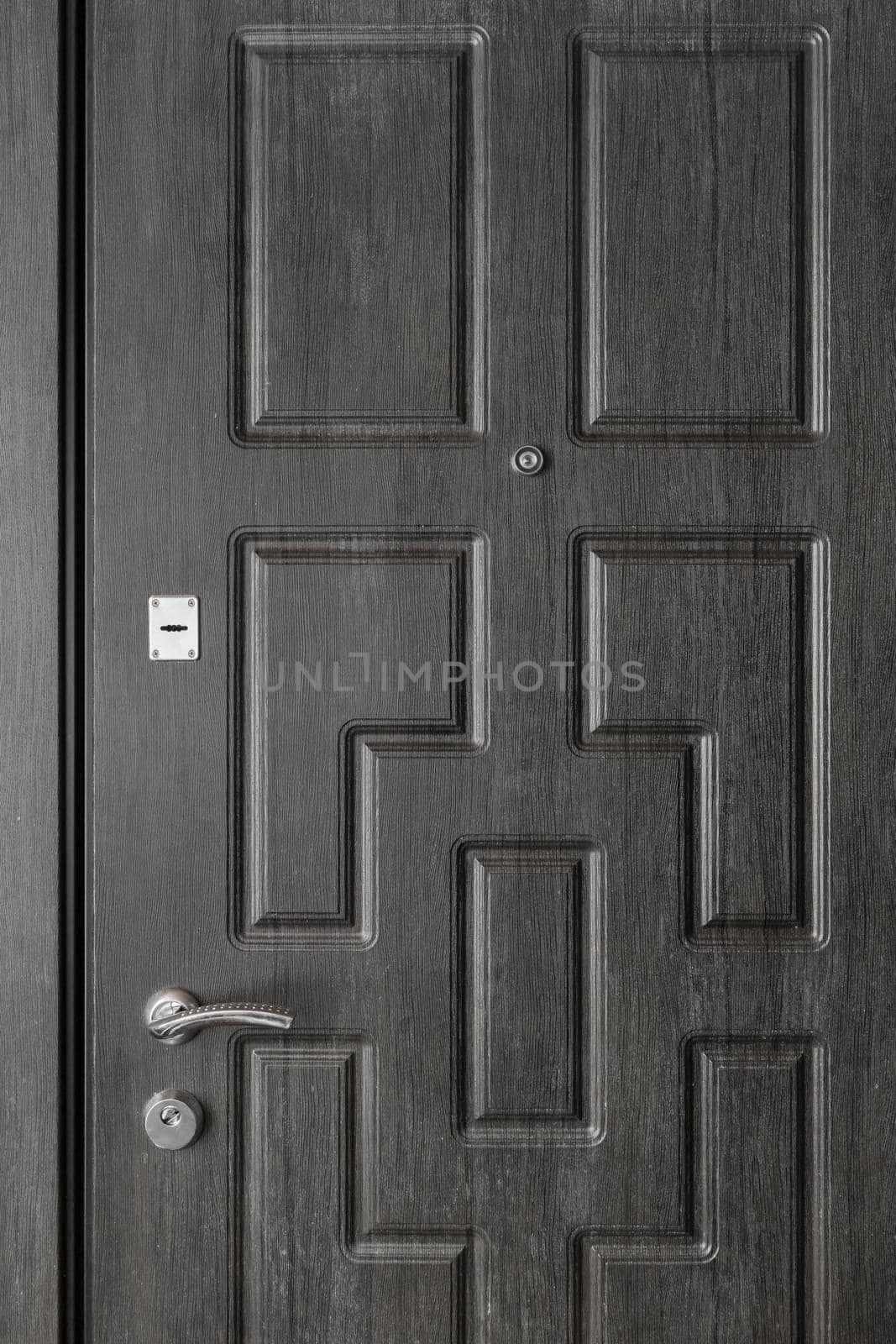 Wooden dark door entrance with iron handle, key lock hole and peephole by AYDO8