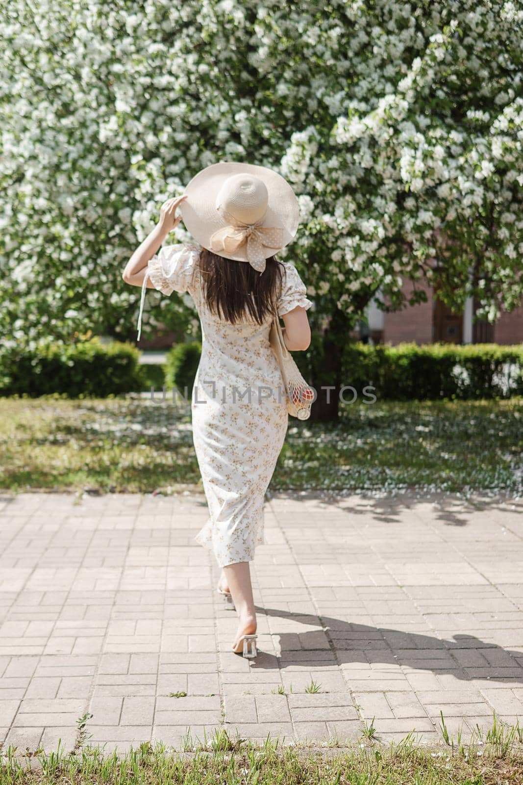 An attractive long-haired woman walks in the spring in the park of blooming apple trees. Spring portrait of a woman