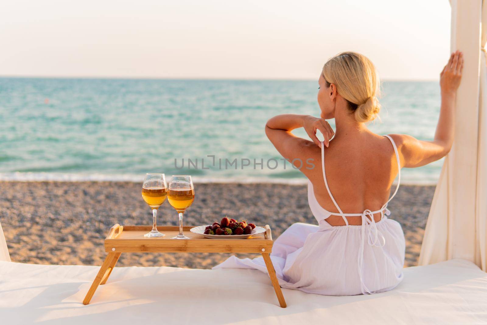 Girl wine tray rest restaurant sea two copyspace summer day, for drink glass for ocean from blue water, sky food. Coast sunset luxury, by 89167702191