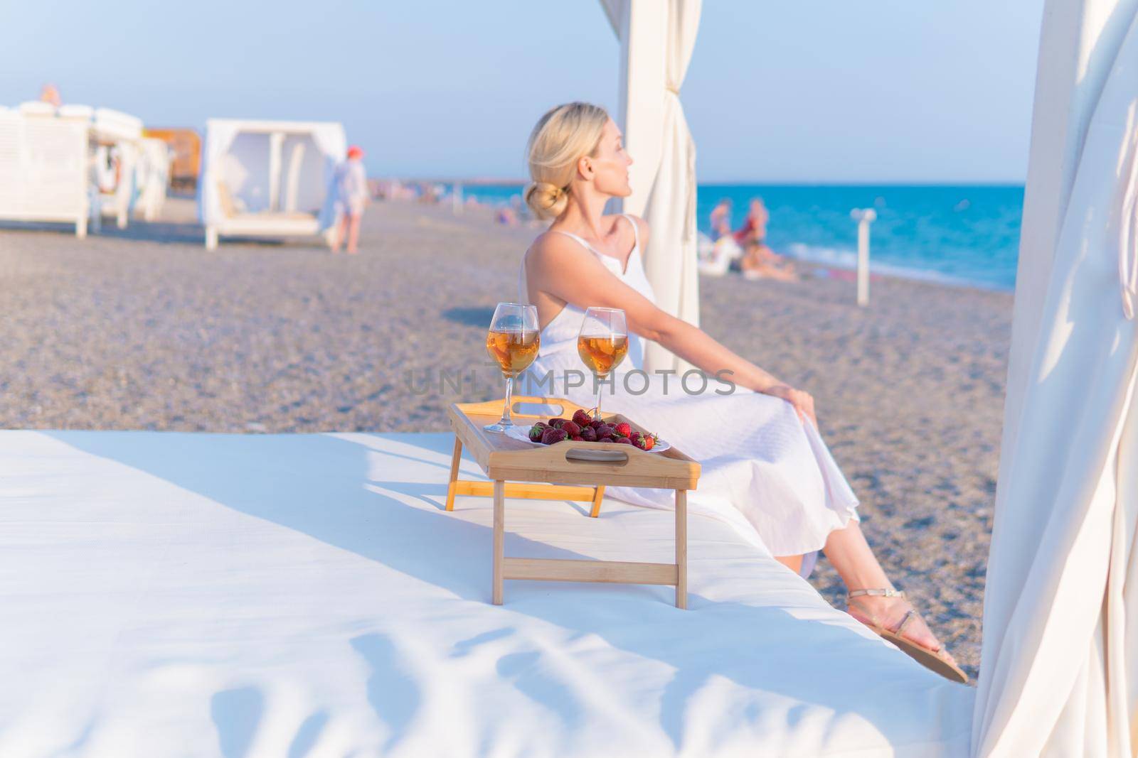 Drinks restaurant rest tray wine sea two copyspace beach sunny, from var alcohol for relax from landscape water, party food. View weekend table,