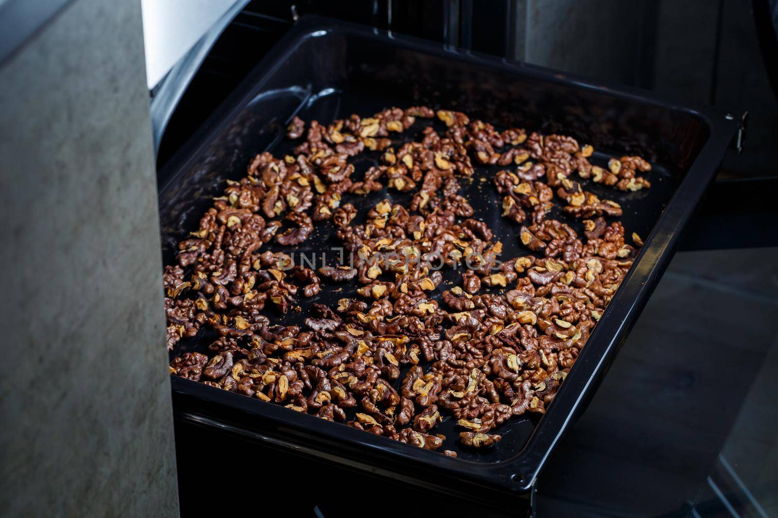 Roasted walnuts. Nuts help the brain work. Fatigue Food, Healthy Nuts. Superfood, vegan, vegetarian food concept. Macro of walnut texture, selective focus. Healthy snack