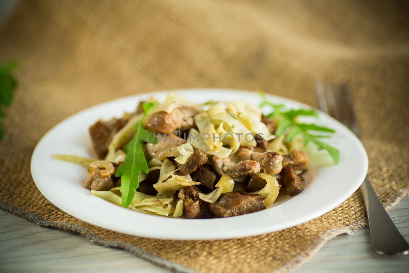 Homemade boiled noodles with meat and eggplant in a plate on a wooden table