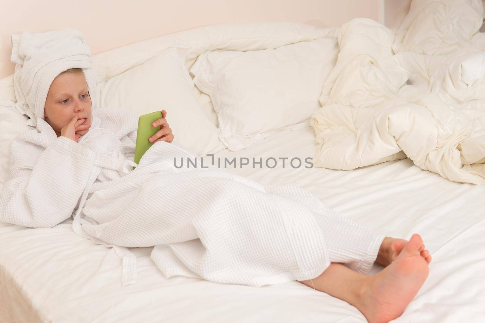 Bathrobe portrait white cute cell girl hygiene morning smile woman, from young bath in caucasian for bed pirate, child face. Hair kid female, by 89167702191