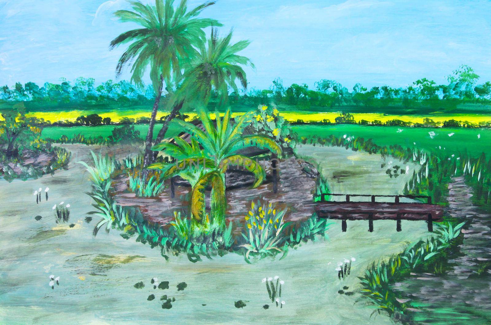 Oil painting on canvas of rural Thai countryside of small hut in middle of river by rice paddies