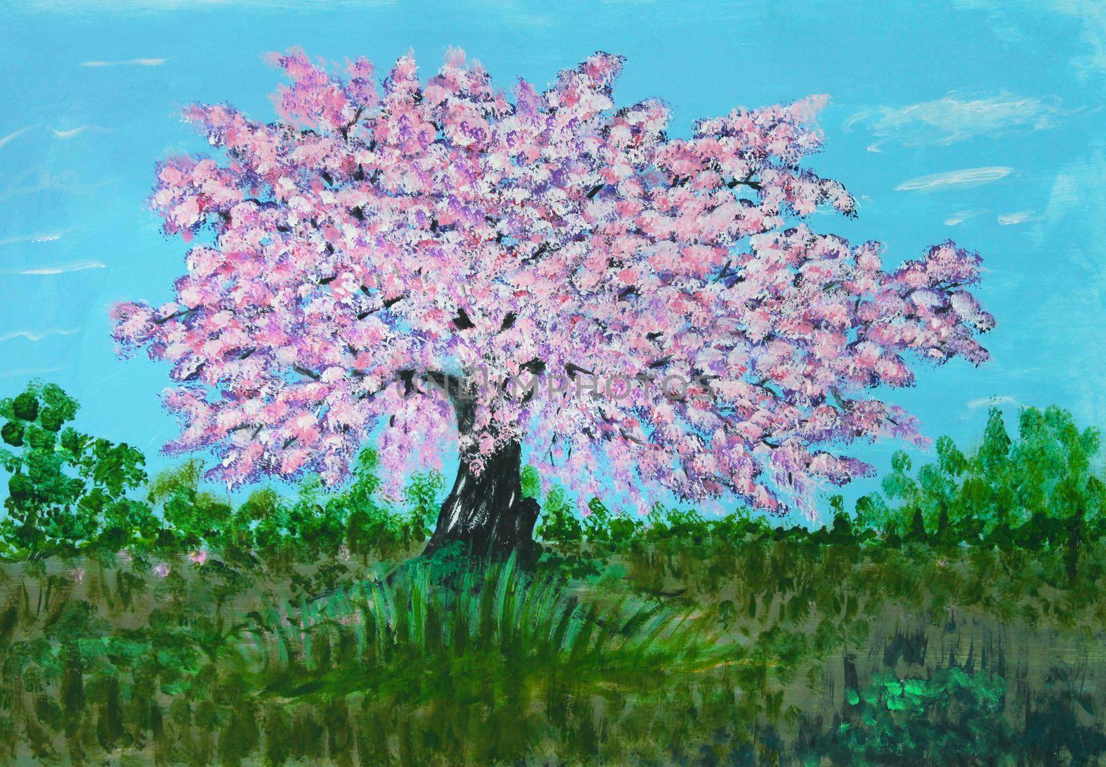 Oil painting on canvas of lone pink sakura cherry tree in bloom in middle of green field