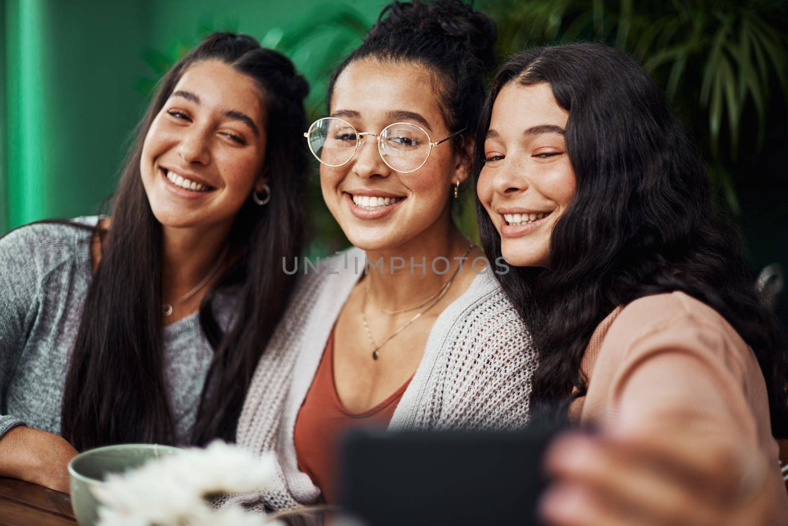 What more do you need when youve got awesome sisters. young sisters taking selfies together at a cafe